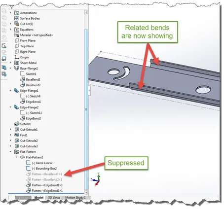 SOLIDWORKS Process Plan Drawings add the suppression of the next flatten feature